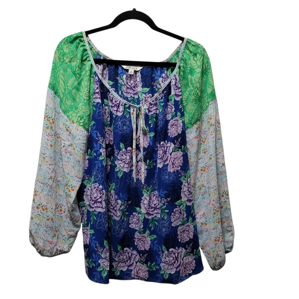 Sz XL The Pioneer Woman Mixed Media Floral Peasant Blouse Open Neck - Picture 2 of 8